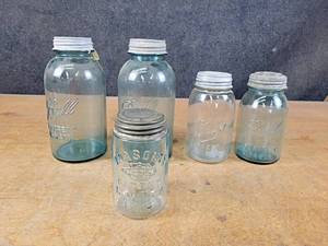 lot 1143 image: Antique Ball  Drey Mason Jars 12 Gallon and Quart  Old Masons 1858 Patent Jar w Logo