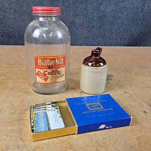 lot 1146 image: Vintage Hamms Beer Playing Cards and Holder, Vintage Butter Nut Coffee Jar and Mini Stoneware Jug