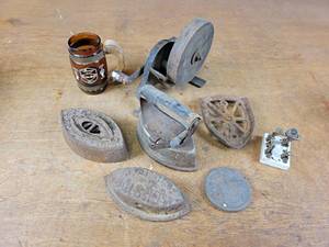 lot 1227 image: Antique Irons, Hand Grinder, Electrical Contact and More