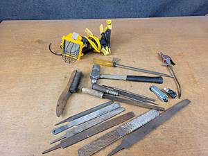 lot 1268 image: Ballpeen Hammer, Files, Wire Brush and Clamp On Halogen Light (Works)