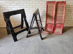 lot 1271 image: Pair of Heavy Duty Car ramps and (2) Poly Folding Sawhorses - NO SHIPPING