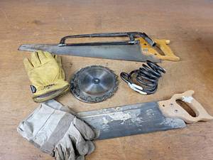 lot 1284 image: Saws, Steel Cable, Large Leather Gloves and More