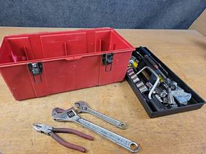 lot 1289 image: Stack-On Poly Toolbox w Tools - Mostly Metric Sockets, Adjustable Wrenches and More