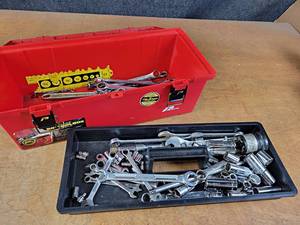 lot 1290 image: Plano Poly Toolbox w Tools - Mostly Standard Sockets, Adjustable Wrenches and More