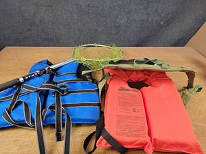 lot 1301 image: Stearns Adult Life Jacket, Full Throttle Large to 3XL Life Jacket, Short Fishing Net and Alps Mountaineering Seat Cover