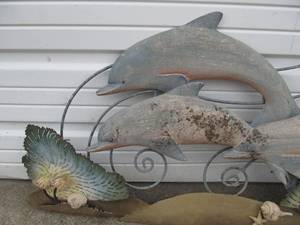 lot 233 image: Large Metal 3D Swimming Dolphins Wall Sculpture