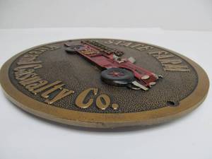 lot 239 image: State Farm Fire & Casualty Embossed Metal Wall Plaque Sign wFire Engine