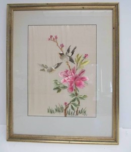 lot 256 image: Hand Woven Silk Vintage Japanese Floral Artwork wBirds