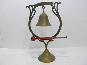 lot 109 image: Vintage Oreitnal Hanging Brass Bell Stand wStriking Stick
