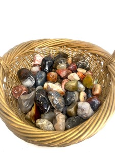 lot 4 image: Vintage Basket FULL of Larger Sized Polished Agates & Other Rocks
