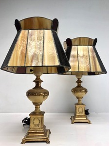 lot 337 image: Very Nice Vintage Signed Brass Table Lamps wSlag Glass Shades