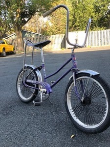 lot 341 image: Vintage Girls Purple Holiday Banana Seat Bicycle
