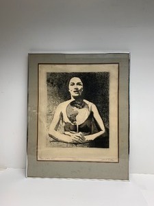 lot 225 image: Vintage Signed JOHN OSHEA Framed Artists Proof Monochrome Print - Lynn with a Fan