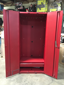 lot 17 image: Husky Heavy Duty Welded 20-Gauge Steel Freestanding Garage Cabinet in Red (36 in. W x 81 in. H x 24 in. D) No Keys Customer Returns See Terms on Auction