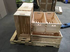 lot 15 image: 9 Boxes of Crates & Pallet Crates and Pallet 27 in. x 12.5 in. x 9.5 in. X-Large Wood Crate Storage Tote Natural Pine Customer Returns See Pictures