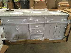 lot 24 image: Home Decorators Collection Fremont 72 in. W Gray Double Bath Vanity with Gray Granite Vanity Top and Undermount Sinks Customer Returns See Terms on Auction