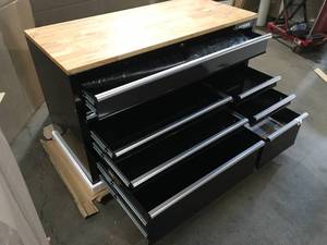 Husky 52 in. W x 25 in. D Standard Duty 9-Drawer Mobile Workbench Tool Chest with Solid Wood Top in Gloss Black Customer Returns See Terms on Auction