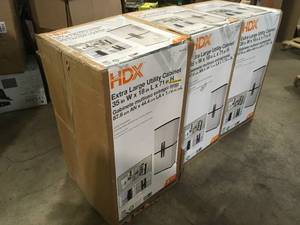 Lot of 3 HDX Plastic Freestanding Garage Cabinet in Gray (35 in. W x 71 in. H x 18 in. D) Customer Returns See Terms on Auction