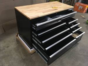 Husky 52 in. W x 25 in. D Standard Duty 9-Drawer Mobile Workbench Tool Chest with Solid Wood Top in Gloss Black Customer Returns See Terms on Auction