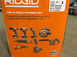 RIDGID 18V Cordless 8-Tool Combo Kit with (2) 2.0 Ah Batteries, (1) 4.0 Ah Battery, Charger, and Bag Customer Returns See Terms on Auction