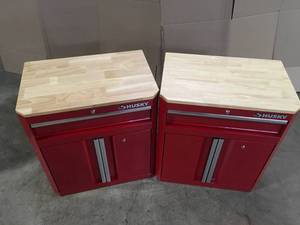 Lot of 2 Husky Ready-to-Assemble 24-Gauge Steel 1-Drawer 2-Door Garage Base Cabinet in Red (28 in. W x 33 in. H x 18 in. D) Customer Returns See Terms on Auction