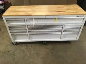 Husky 72 in. W x 24 in. D Standard Duty 18-Drawer Mobile Workbench Tool Chest with Solid Wood Top in Gloss White Customer Returns See Terms on Auction