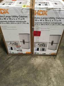 Lot of 2 HDX Plastic Freestanding Garage Cabinet in Gray (35 in. W x 71 in. H x 18 in. D) Customer Returns See Terms on Auction