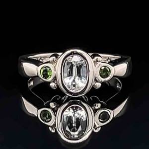Custom Designer Natural Aquamarine and Tsavorite Ring in 14k White Gold $2500 Retail