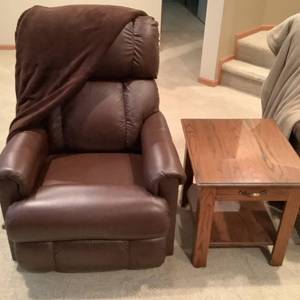 Leather Rocker Recliner Chair and Wooden Side Table