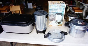Small Kitchen Appliance Lot including Roaster Oven, Commercial Coffee Pot, Pressure Cooker etc.