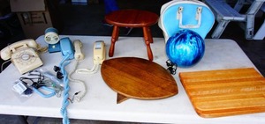 A Lot of Vintage MCM TelePhones, Bowling Ball with Case, Lazy Susan, Foot Stool etc.