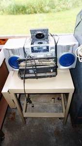 Portable metal fold down utility cart, AIWA compact radio, Lenox sound portable radio