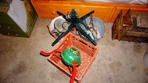 Variety lot including vintage Christmas tree stand, plastic milk crate, porcelain pail etc.