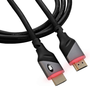 lot 56 image: MONSTER Lot of 2-  6ft High Speed 4K Hdr Hdmi Cables with Built-in Led Light (One Red and One Blue)