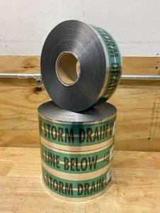 lot 99 image: EMPIRE LEVEL Case of 4 Rolls of-  Green Detectable Warning Tape inCaution Storm Drain Line Belowin 3 x 1000 31-031