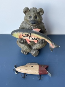 lot 63 image: Bear Statue and Fishing Lure Coat Hanger