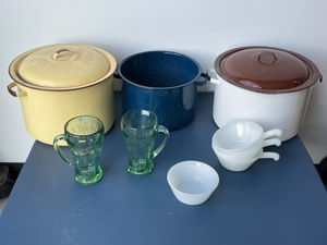lot 64 image: Coke Glasses, Enamel Pots, Fire King Dishes