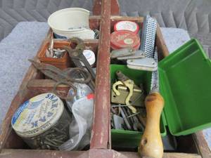 VINTAGE TOOL BOX FILLED WITH STUFF