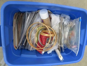 TOTE FULL OF CROSS STICH ITEMS. PATTERNS