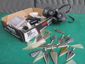 BINOCULARS, ARROWHEADS, WAX, FLETCHINGS, ETC