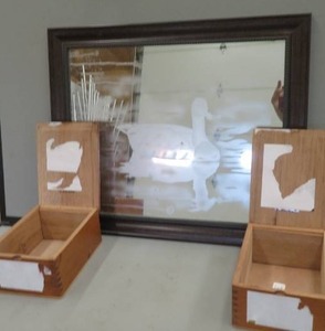 MIRROR WITH ETCHING & 2 SMALL WOODEN BOXES