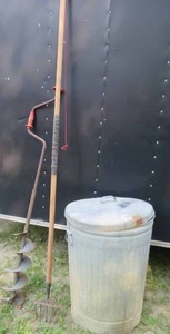 VINTAGE FISHING SPEAR  AUGER  METAL GARBAGE CAN
