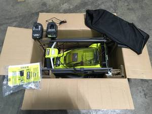 lot 2 image: RYOBI ONE 18V 13 in. Cordless Battery Walk Behind Push Lawn Mower with 4.0 Ah Battery and Charger Customer Returns See Terms on Auction