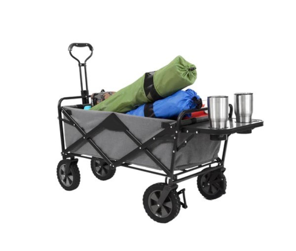 lot 524 image: Mac Sports Heavy Duty Steel Frame Collapsible Folding 150 Pound Capacity Outdoor Garden Utility Wagon Yard Cart with Table and Cup Holders, Gray