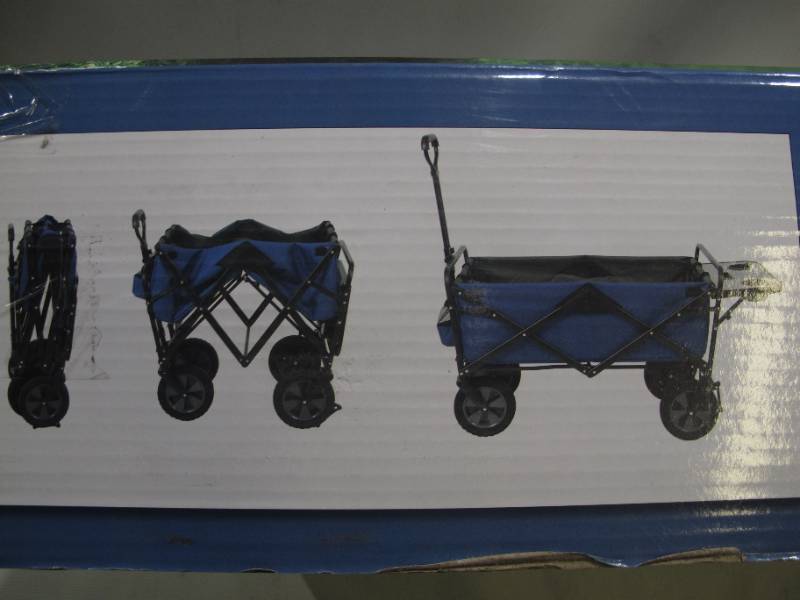 lot 525 image: Mac Sports Heavy Duty Steel Frame Collapsible Folding 150 Pound Capacity Outdoor Garden Utility Wagon Yard Cart with Table and Cup Holders, Blue