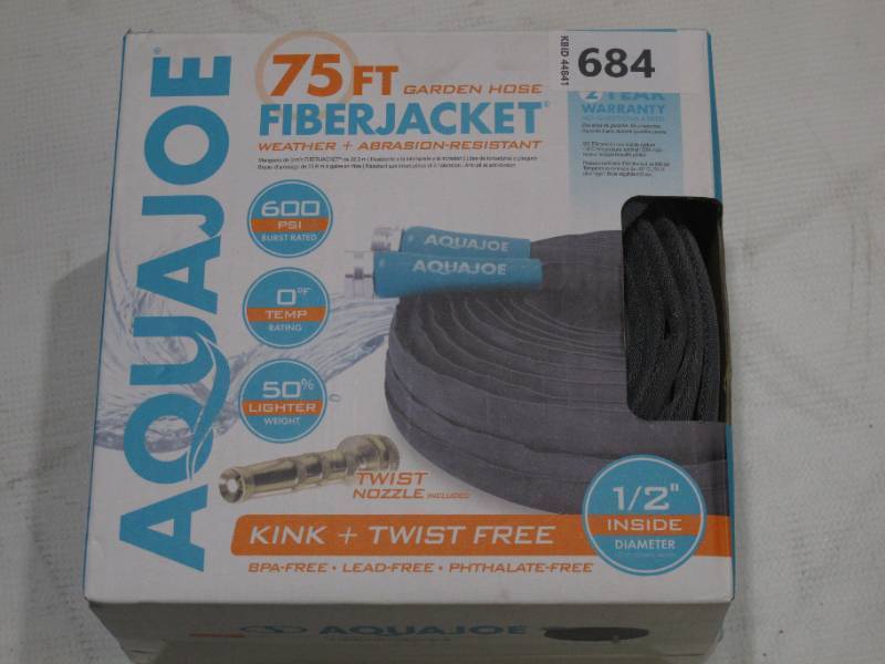 lot 546 image: NEW Aqua Joe AJFJH75-XT1 Superlight Fiberjacket Max Garden Hose with Bonus Adjustable Twist Nozzle, 75-Foot