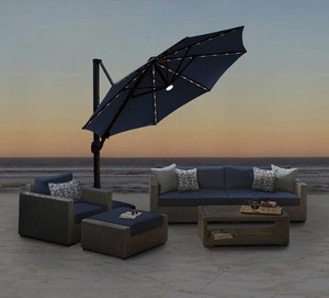 lot 420 image: Sunbrella Seasons Sentry 11 LED Solar Round Cantilever Umbrella - Indigo Blue