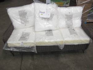 lot 556 image: Hampton Bay Cambridge Gray Wicker Outdoor Patio Sofa with CushionGuard Cushions - No Cushion Covers