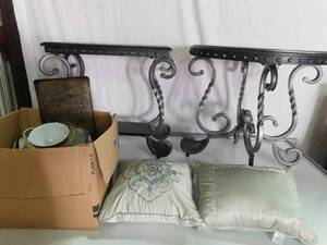 lot 2 image: 2 small tables with metal bases, box of dishes and 2 small pillows
