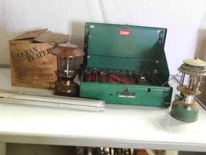 lot 51 image: Coleman - 2 lanterns, table, heater and stove